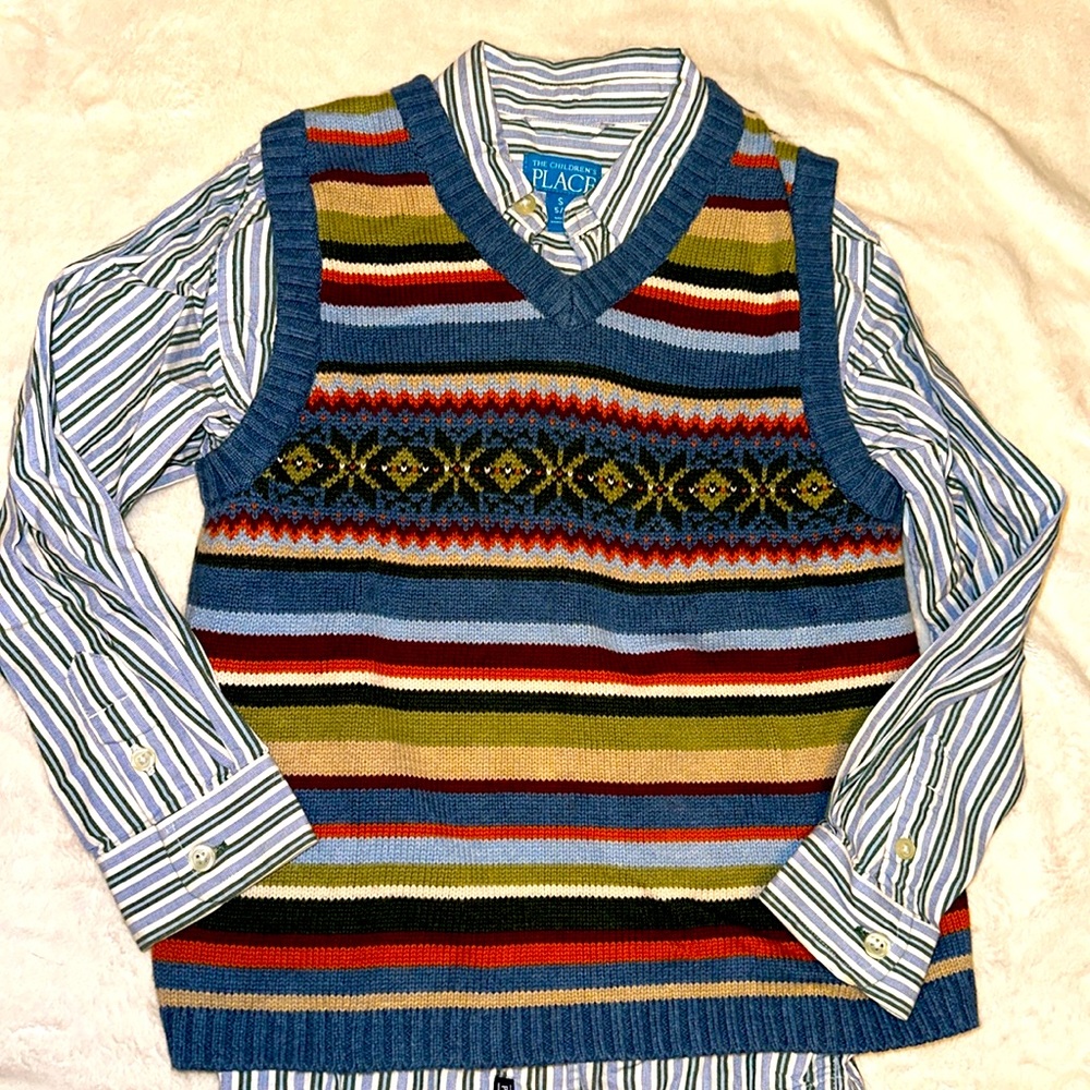 HANNA ANDERSSON STORYTELLER SWEATER VEST 120 6 & TCP BUTTON DOWN SHIRT 5 EUC